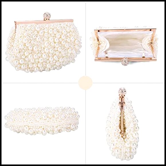Elegant Pearl Beaded Evening Clutch Purse with Removable Chains Formal Party